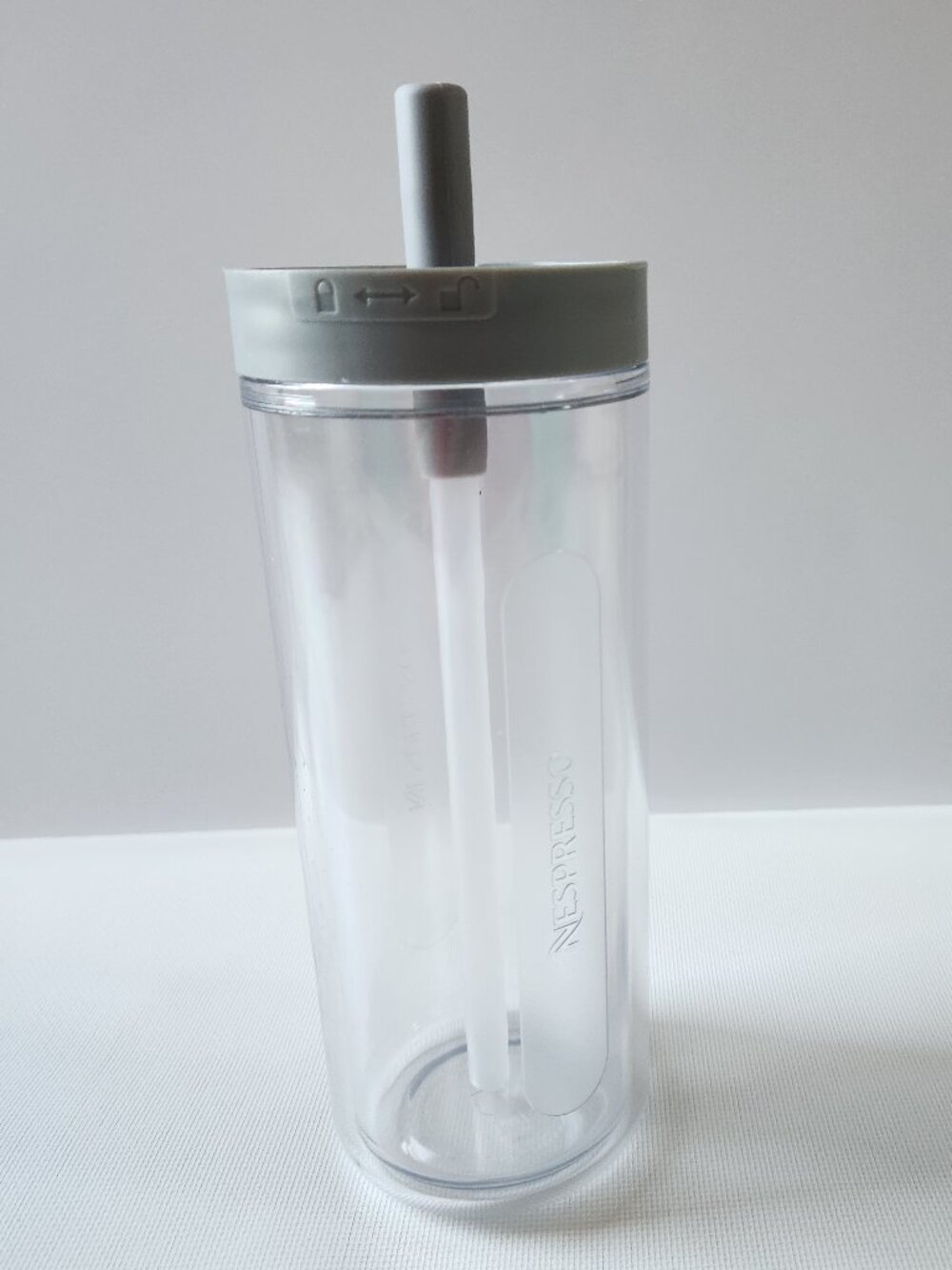 Nespresso Travel Tumbler 18 oz Clear Grey Cup & Straw Locking Tomas Kral Design